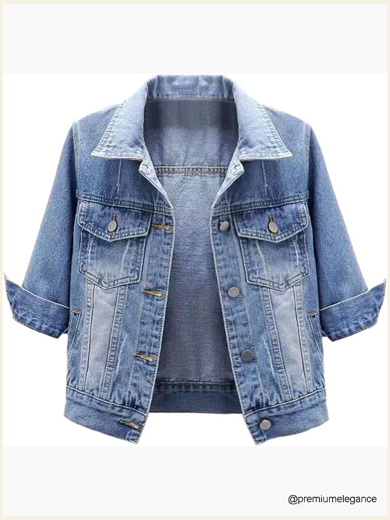 3/4 Sleeve Cropped Denim Jacket Button Down Lapel Trucker With Pockets